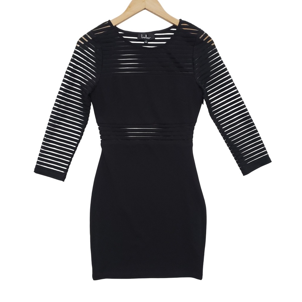 Lulus Black Sheer Stripe Illusion‎ Long Sleeve Bodycon Mini Dress Cocktail Party